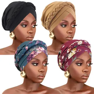 4pcs Women's Bohemian Turban Hat Set Double Cross-Strap Printed Braided Headscarf Caps