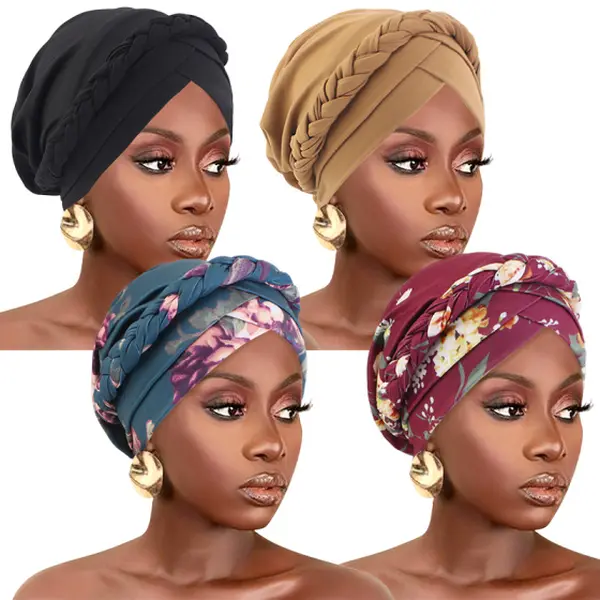 4pcs Women's Bohemian Turban Hat Set Double Cross-Strap Printed Braided Headscarf Caps