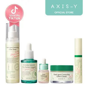 AXIS-Y The Complete Glass Skin Glow Set - Artichoke Intensive Skin Barrier Ampoule + Spot The Difference Blemish Spot Treatment + Vegan Collagen Eye Serum + Dark Spot Correcting Toner & Cream Vegan Korean Skin Care Bundle