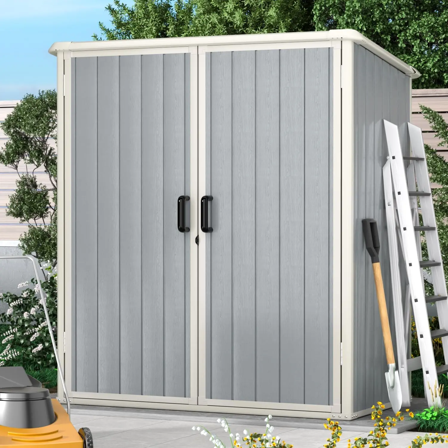 Aoxun 5x3FT Sturdy Durable Resin Garden Storage Shed with Floor, Lockable Door, Easy Set Up, Assembly Required, 2-Package Shipping, Grey Plastic Outdoor Shed for Garbage Cans, Tools