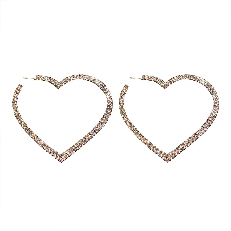 Silver needle exaggerated heart-shaped earrings with full diamond accents, Korean style, simple hoop earrings, niche and unique earrings