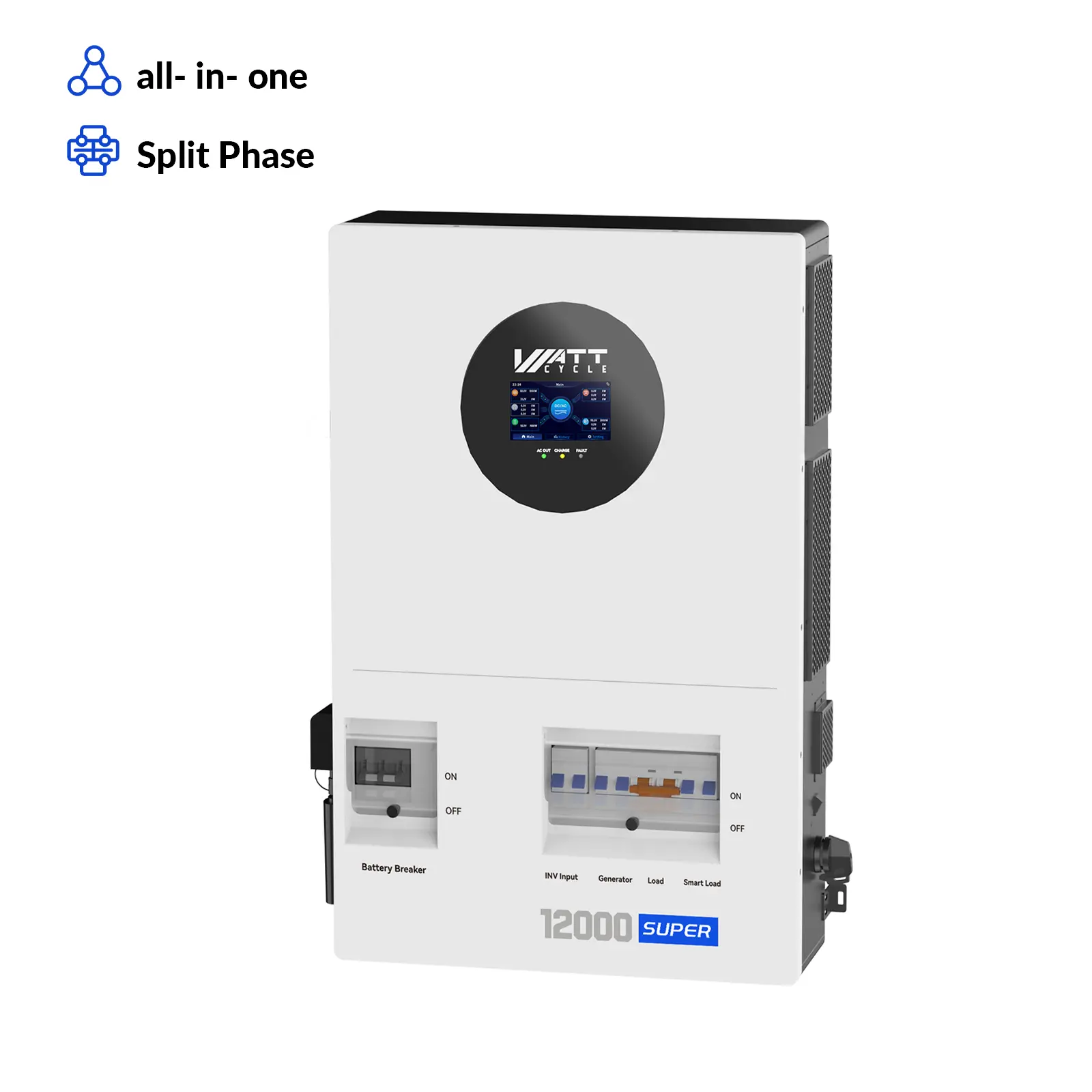 【New arrive】WattCycle 48V 12kW Super 200A Massive Bypass Whole Home Backup Hybrid Inverter 120V/240V Split Phase All-in-One Solar Inverter 24kW Dual MPPT 250A Fast Charging