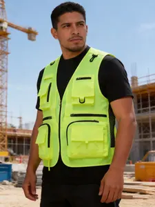 Men's Solid Multi-pocket Zipper Gilet, Loose Casual Outdoor Street Fashion Hollow Out V Neck Vest Jacket for Spring & Summer, Men's Clothes for Daily Wear