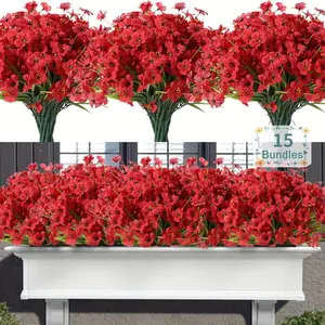 15 Pcs Artificial Flowers UV Resistant Outdoor Plants No Fade Faux Plastic Shrubs Fake Silk Flowers Window Box Garden Porch Home Decoration(Red) Plastics Decorative Fruit gardening supply hanging planter pot Ornaments