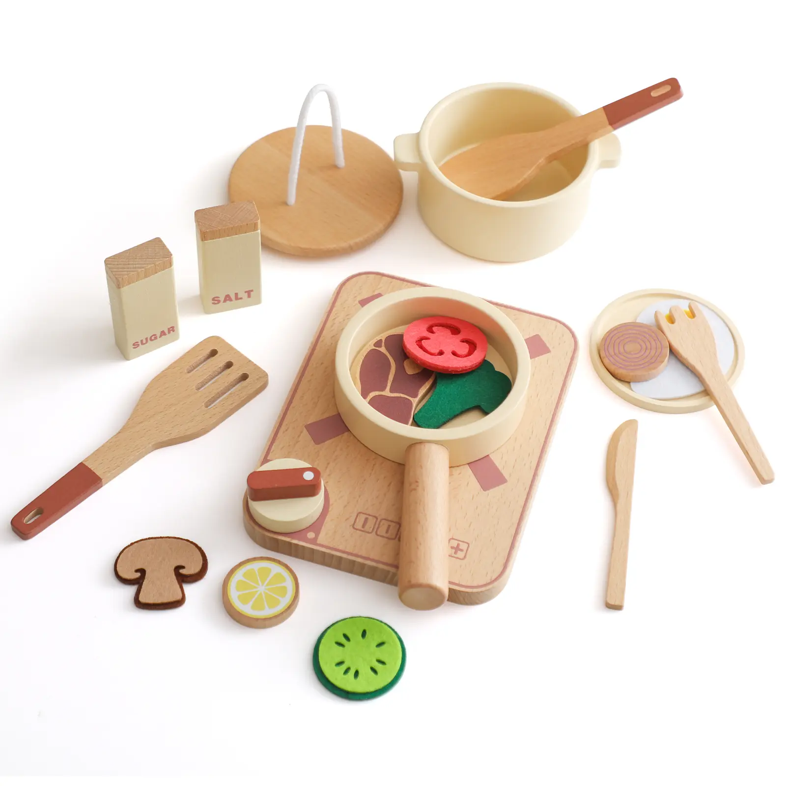DealsForYouDays 18-Piece Eco-Friendly Natural Wood Toddler Play Kitchen Accessories Set - Montessori Early Learning Toy with Pots, Pans, Utensils, Play Food, Seasonings, Safe Durable Gift, Toddler Toys