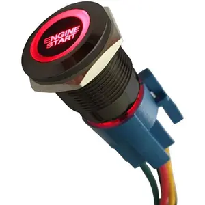 Black Shell 12V Momentary Car Vehicle Red LED Light Push Button Stainless Steel Metal Switch Socket Plug Wire 19mm Engine Start