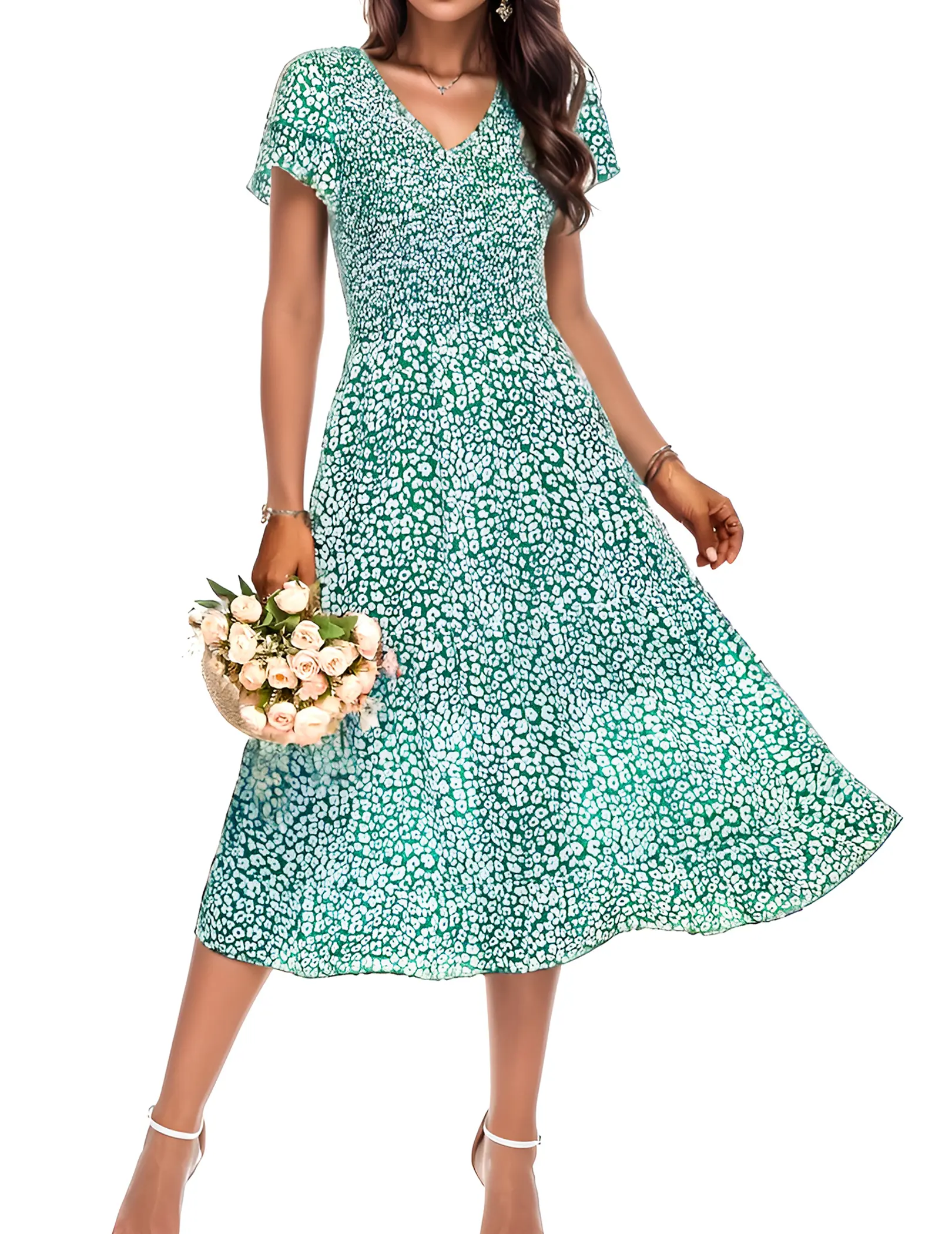 ZEAGOO Women Modest Floral Midi Dress Summer Short Ruffles Tiered Sleeve Smocked Dresses V Neck Bohemian Wedding Guest Long Dresses
