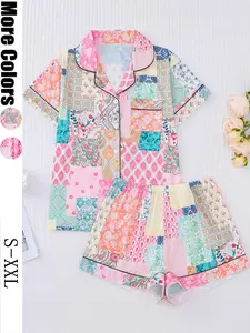 Women's Floral Print Pajama Set Pjs, Short Sleeve Button-Up Shirt and Elastic Shorts, Casual Home Wear Loungewear, All Seasons Comfortable Sleepwear