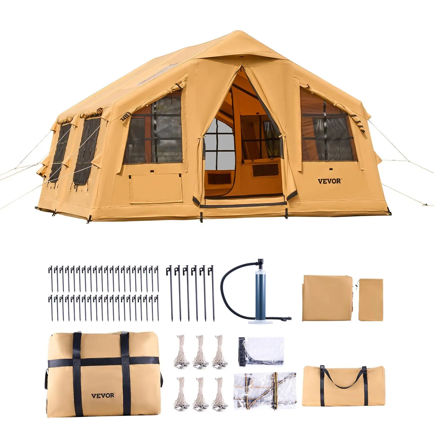 VEVOR Inflatable Tents for Camping, 8-12 Person Easy Setup Blow up Tent with Hand Pump, 4 Season Luxury Glamping Tent with 2 Skylights, Canopy, Stove Jack, 2 Doors & Mesh Windows (Include Storage Bag)#BackToSchool