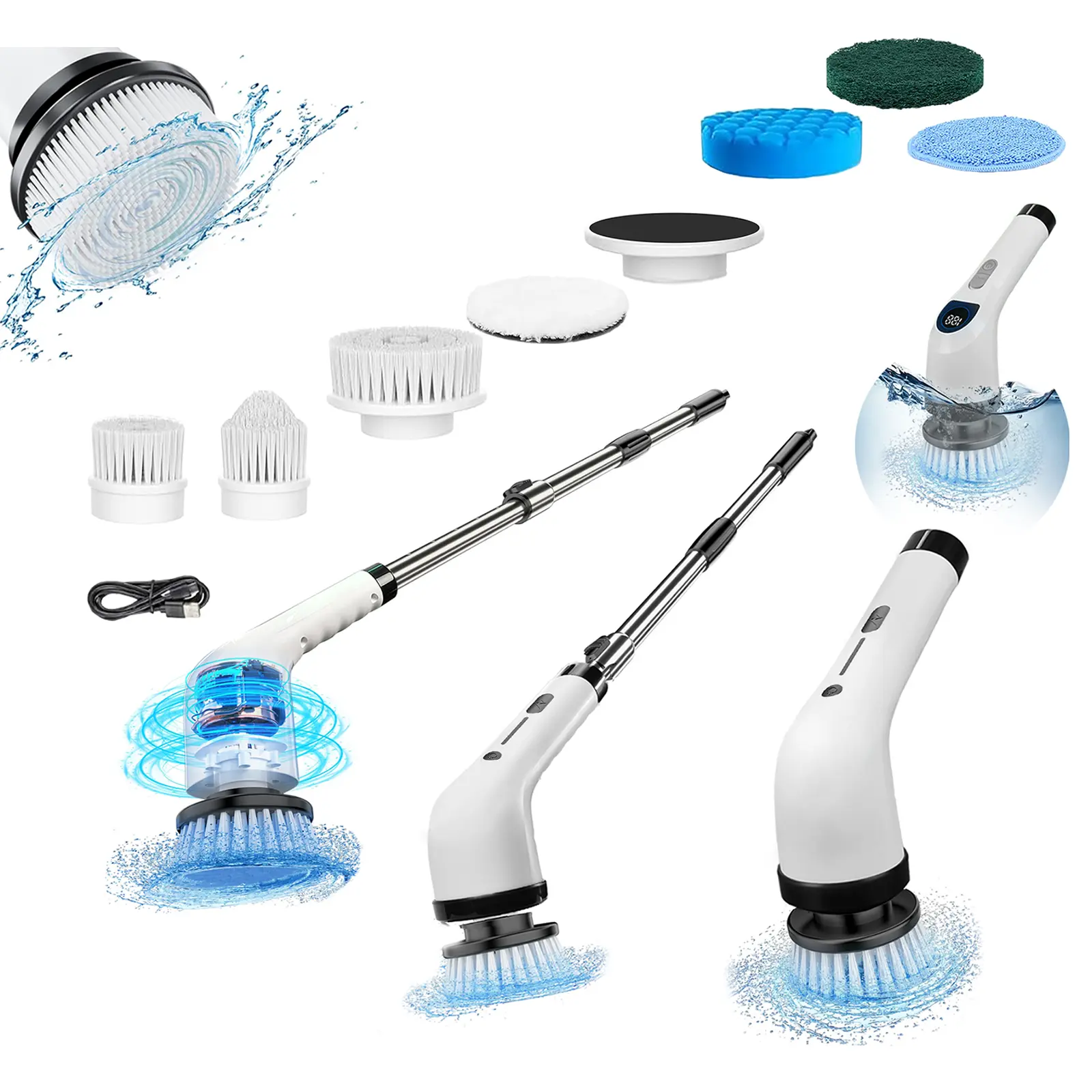 Electric Spin Scrubber, Cordless Shower Scrubber Full-Body IPX7 Waterproof, Electric Cleaning Brush with 4 Replaceable Brush Headsand 3 Adjustable Extension Handle, 2-Speed for Bathroom, Kitchen, Toilet, Window, Pool, BACKTO SCHOOL summerwins