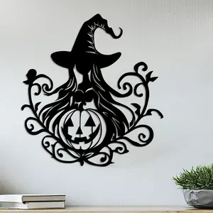 Halloween Witch & Pumpkin Decorations, Durable Metal Wall Art for Indoor Outdoor Use, Perfect for Fence Porch Home Decoration