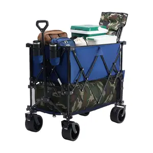 Large Capacity Folding Double Decker Wagon with Brakes, 440 lbs Wagons Carts Foldable Wagon Cart with Flexible Handle, All-Terrain Big Wheels for Grocery Sports Garden Camping