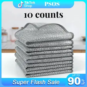 【Holiday Haul】-PSOS 10 Counts Multipurpose Non-Scratch Wire Dishcloths – Reusable Dishwashing Rags for Wet & Dry Use, For sinks, pans and dishes，Silver, 2-Layer Kitchen Cleaning Cloth Cleaning Tool