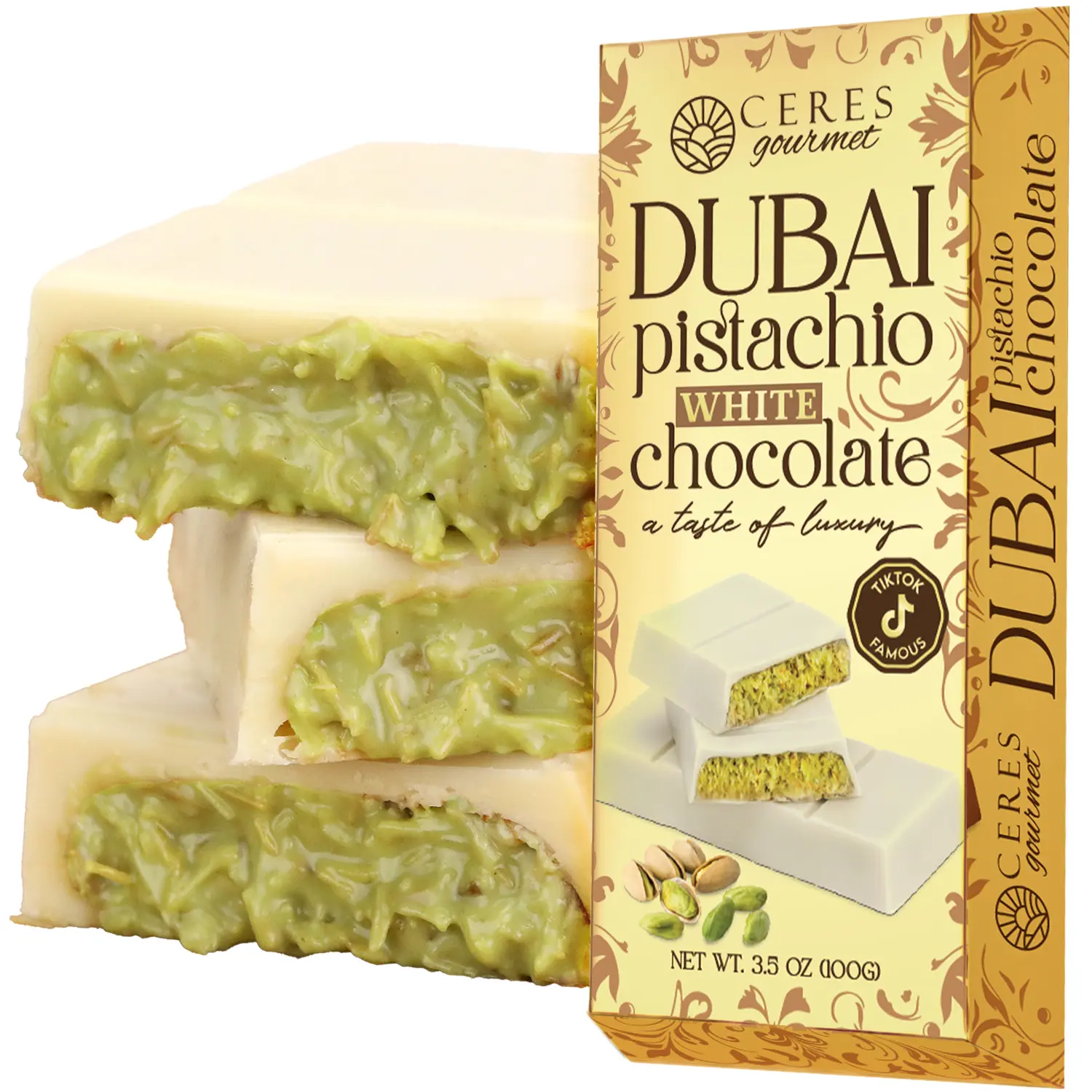 Dubai Chocolate Bar Pistachio with White Chocolate and Knafeh - 3.5 Oz | TikTok Dubai Chocolate Bar Pistachio with White Chocolate and Knafeh - 3.5 Oz | TikTok