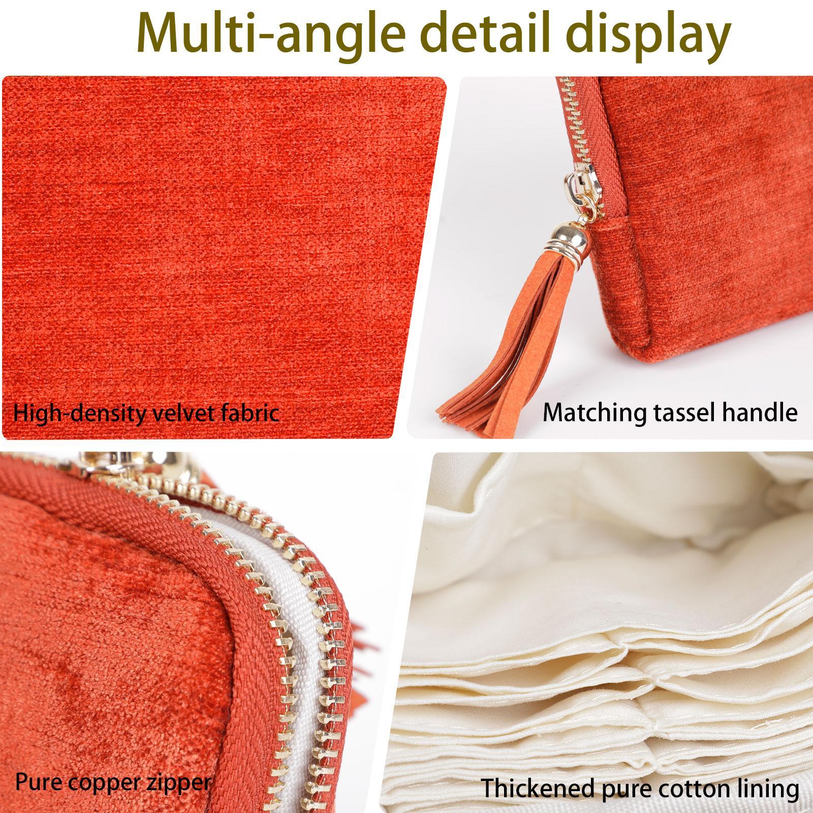 BOOVO Modern Terracotta Red Velvet Jewelry Zippered Pocket Case - Compact Casual Collapsible Home Organization Bag, 5 Satin Divided Compartments, Adjustable Tassel Zipper, Dustproof Durable, Heat Resistant, Ideal Christmas Gift for Her