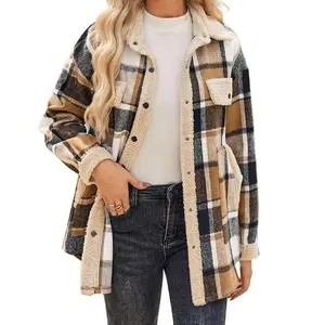 Fall thin coat Long Sleeve Lounge Lapel Boyfriend Button Down Tartan Long Fleece Jacket Coats  with Pockets