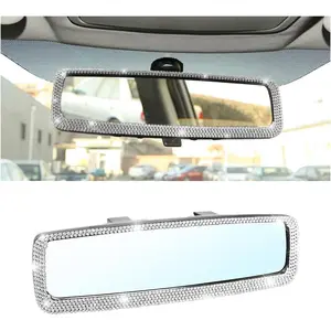 JOKG Car Rearview Mirror, Decorations Rear View Mirror with Crystal Rhinestones & Diamonds, Car Interior Trim Accessories, Clip-on & HD Glass, Sparkly Gift for Mother Women Girls (Silver)