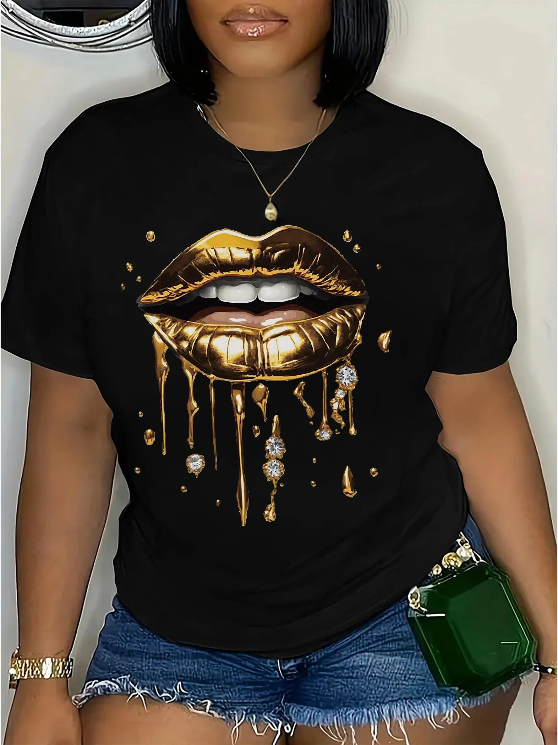 100% Cotton Women Round Neck Tee, Dripping Gold Lips Shiny Diamond Rhinestone Chest Graphic Loose Casual Top, Boss Lady Luxury Melanin Glam Soft Breathable Summer Gift, Non-Washed Fabric
