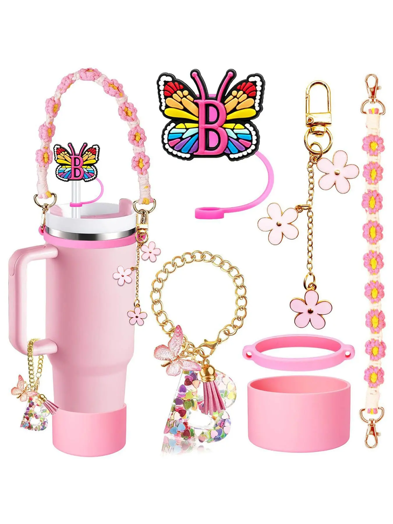 Letter A-z Butterfly Glitter Stylish Modern Water Bottle Accessories Set,Chain & Keychain & Hair Tie & Bracelet &Sticker, Drinkware Accessories, Mug, DrinkProtector