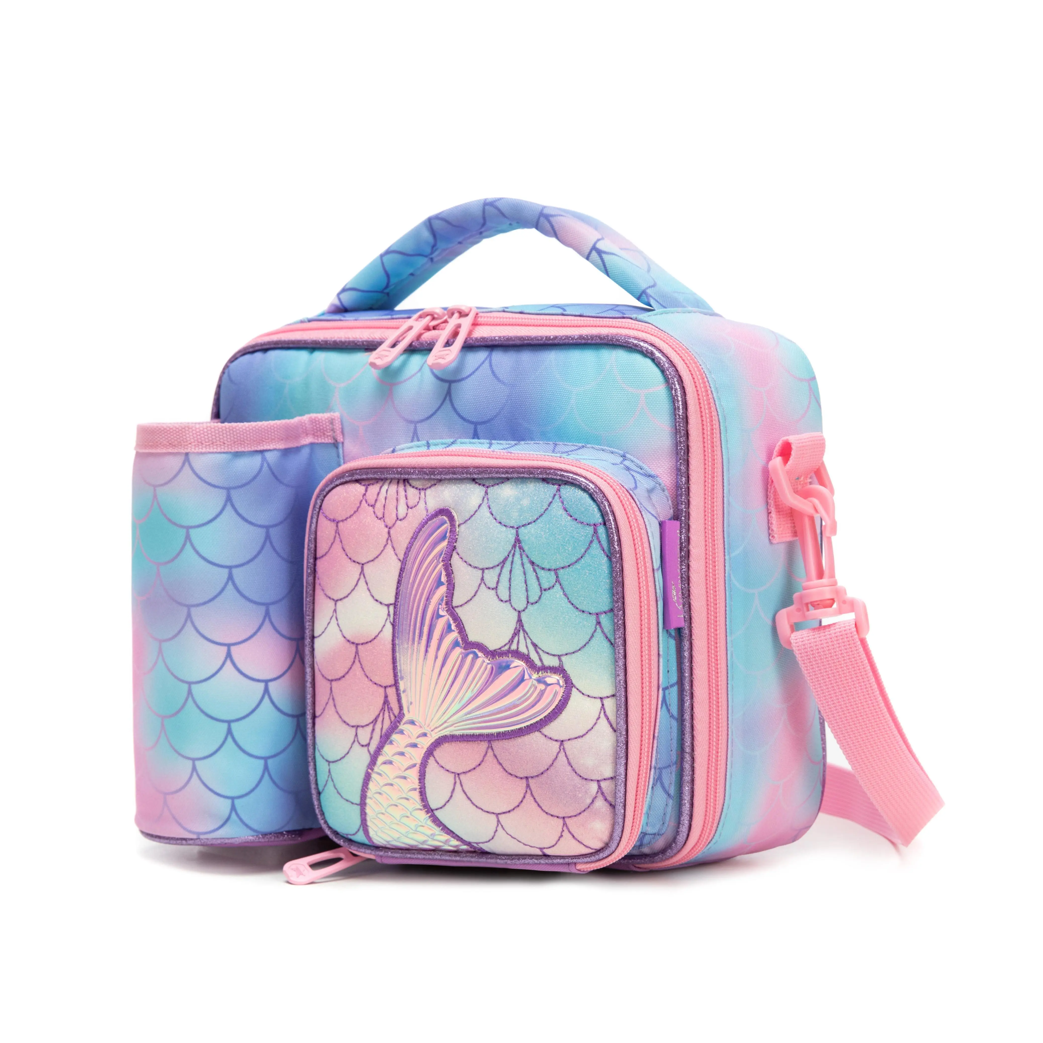 Holographic Mermaid Scale Kids Insulated Polyester Lunch Bag with Water Bottle Set - Zipper Closure, Multi-Pocket, Roomy, Leakproof Reusable School Meal Prep Bag for Girls with Shoulder Strap, Insulated Lunch Bags, Mermaid Tail