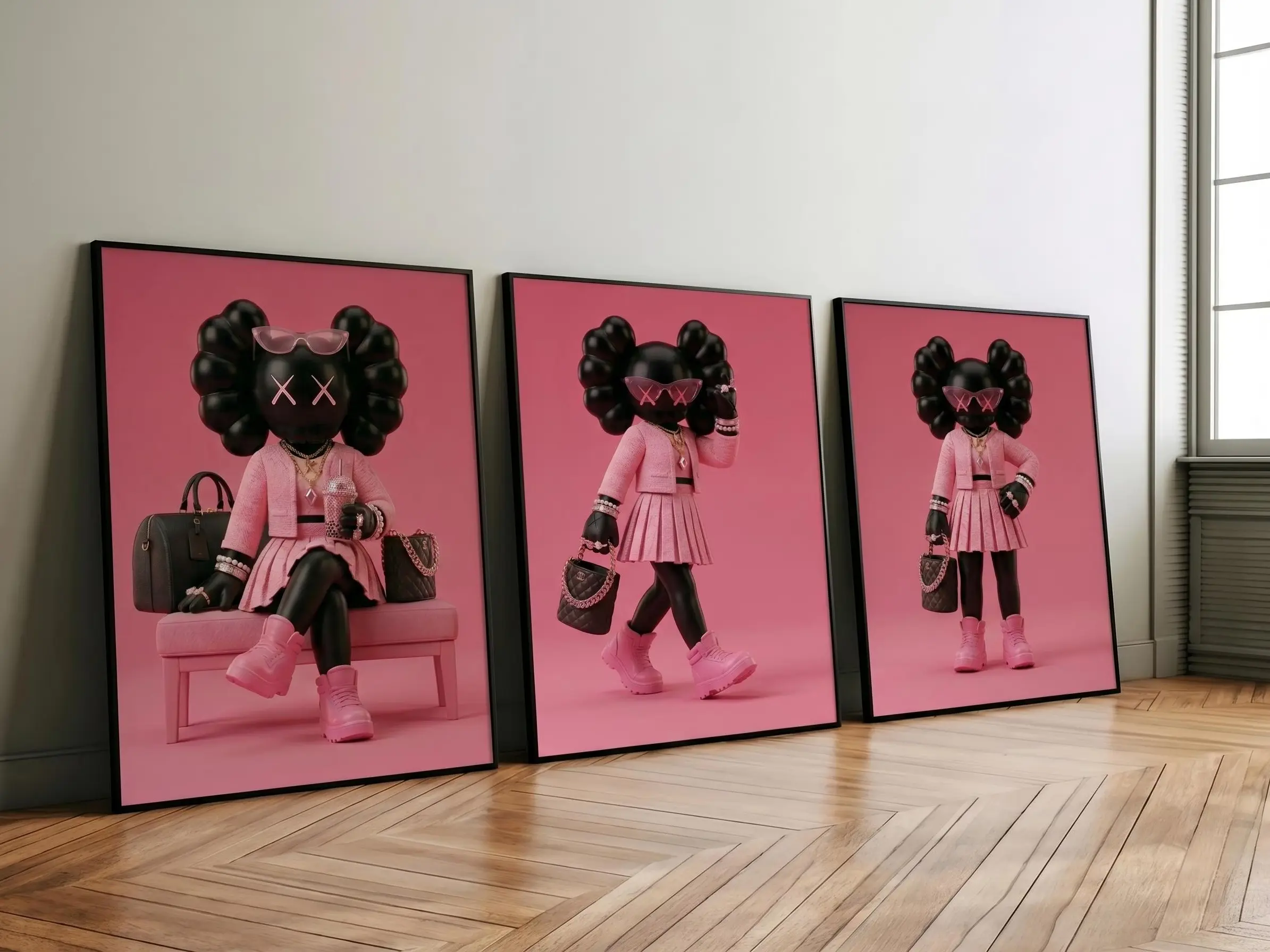 Pink Black KAWS Hypebeast Wall Art Set of 3 - Dopamine Decor Graffiti Prints, Trendy Retro Living Room & Bedroom Street Art Posters