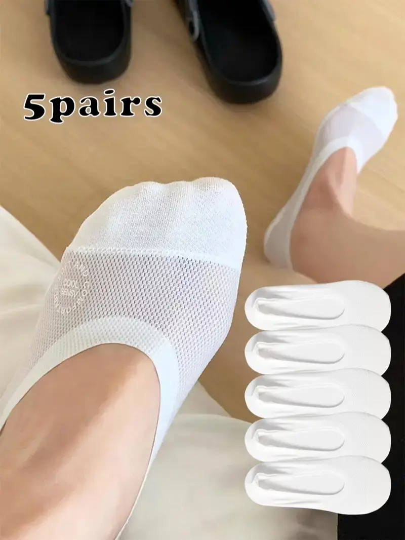 Women's 5-Pair Basic No Show Socks, Comfortable Solid Color Thin Mesh Boat Liners with Non-Slip Silicone Grip, Polyester Everyday Family Casual Wear Lightweight Breathable Socks, Grip Socks
