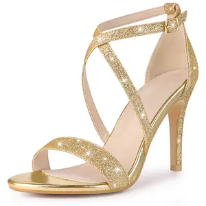 BLISSFUL STEP Glitter Crisscross Strappy Stiletto Heels Sandals for Women