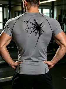Men's Summer Y2K Spider Web Print Fitness Short Sleeve, Comfortable Breathable Compression Top, Ideal for Outdoor Sports and Gym