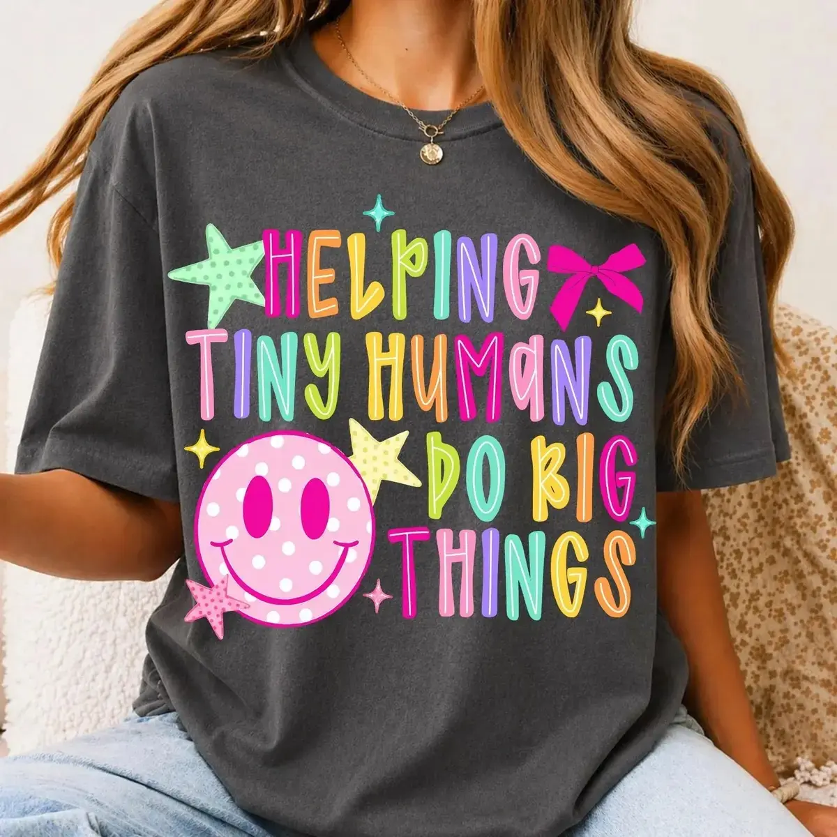 Teacher  women Shirt, Helping Tiny Humans Do Big Things Graphic Tee, Neon Crayon Smiley Back to School T-Shirt -DarkFlex Tops Womenswear