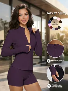 Women's Plain Zipper Yoga Top, Sporty Slim-Fit UV-Protective Jacket, V-Neck Long Sleeve, Spring Summer Outdoor Gym Wear