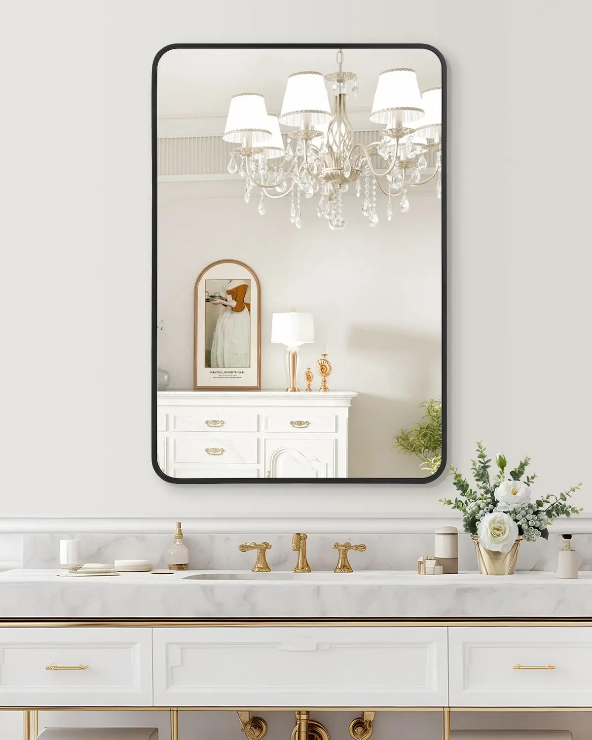 Black 24'' x 36'' Black Bathroom Mirror, Rounded Corner Metal Framed Rectangular Vanity Mirror, Hangs Horizontally or Vertically