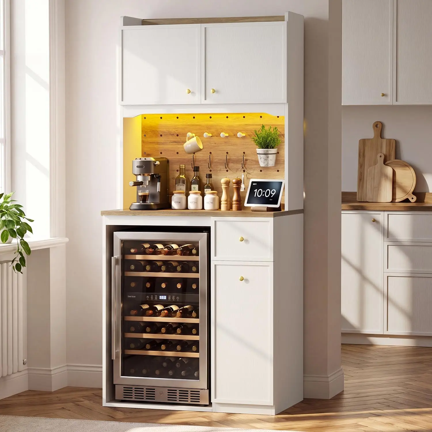 Hauoms 72" Tall Coffee Bar Station with Mini Fridge Space, Bakers Rack, 2 Built-in AC Outlets, USB Port, LED Chasing Lights, 20.9" Countertop, 21" Depth, 2 Double-Door Cabinets, Dorm Pantry Kitchen Hutch, 21" Extra Deep Countertop