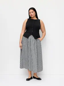 Cotton Button Top & Gingham A-line Maxi Skirt Set Curve & Plus