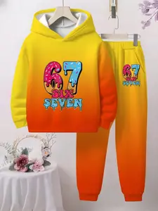 Boys' Trendy Style 67 Print Hoodie Set, 3D Full Print Sports Hoodie & Shorts, Casual Long Sleeve Sweatshirt, Geometric Pattern, All Seasons, Summer, Clothing Sets
