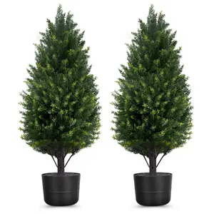 Set of 2 Artificial Topiary Cedar Tree, 27.6‘’ Outdoor UV Resistant Faux Pine Shrubs Bushes, Realistic Fake Cypress Plants Indoor Decor for Front Porch Door Offices Home