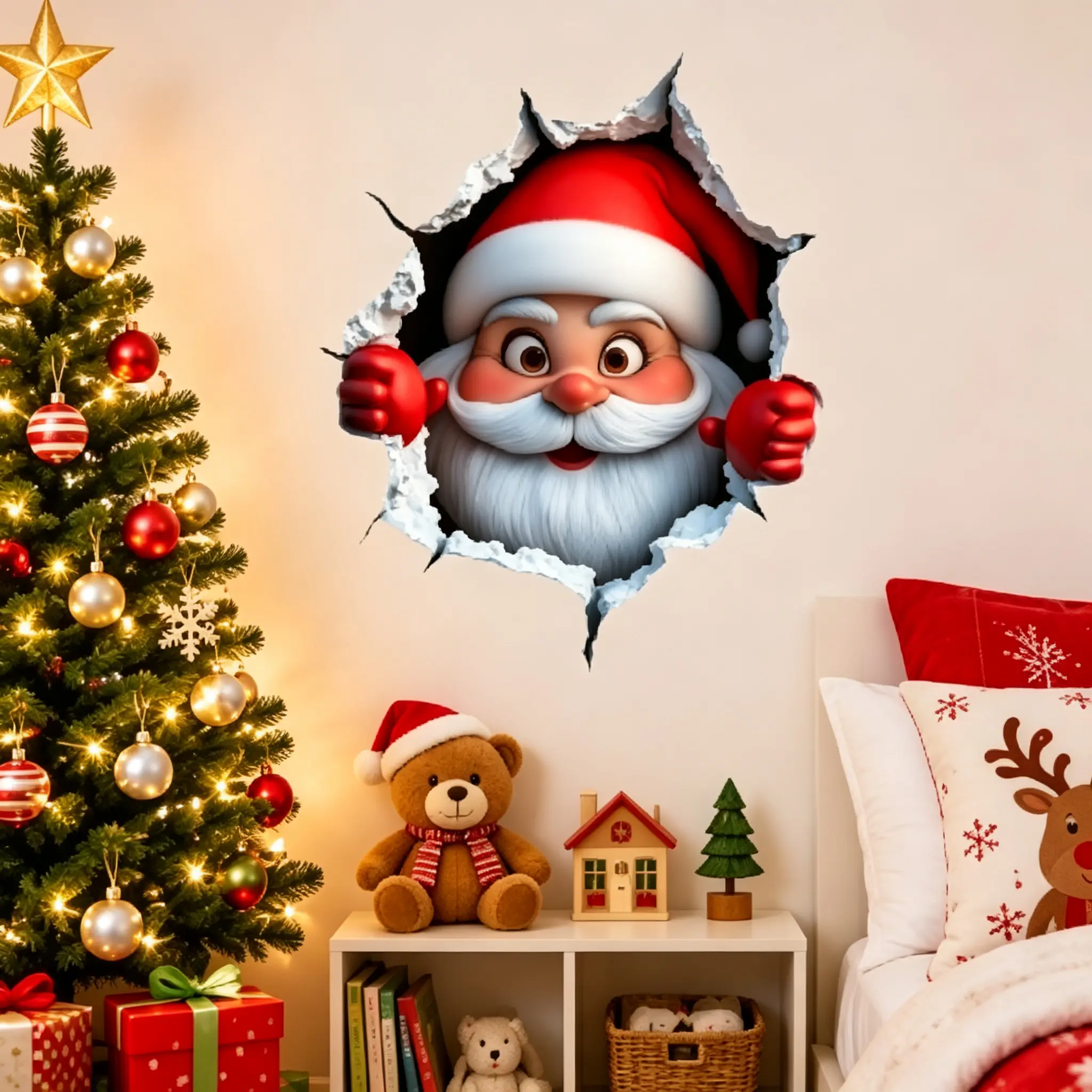3D Santa Wall Sticker Christmas Decor, Santa Breaking Through Wall Design, Funny Holiday Home Decoration