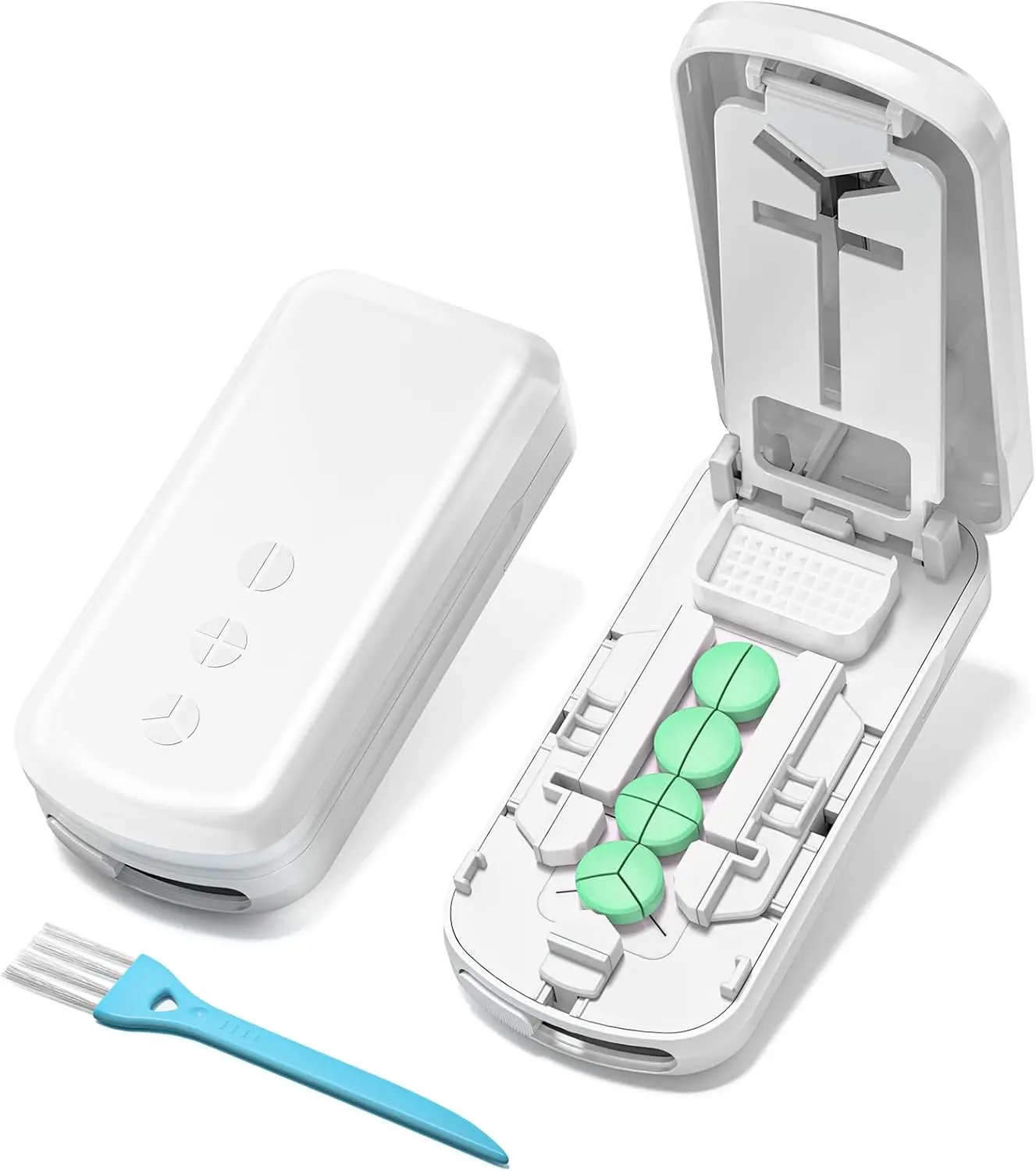 Pill Cutter Splitter for Small & Tiny Pills, Dual Safety Blades, Adjustable Centering Slot, Precise 1/2, 1/3 & 1/4 Tablet Cutting, Built-In Storage, Portable and Senior-Friendly
