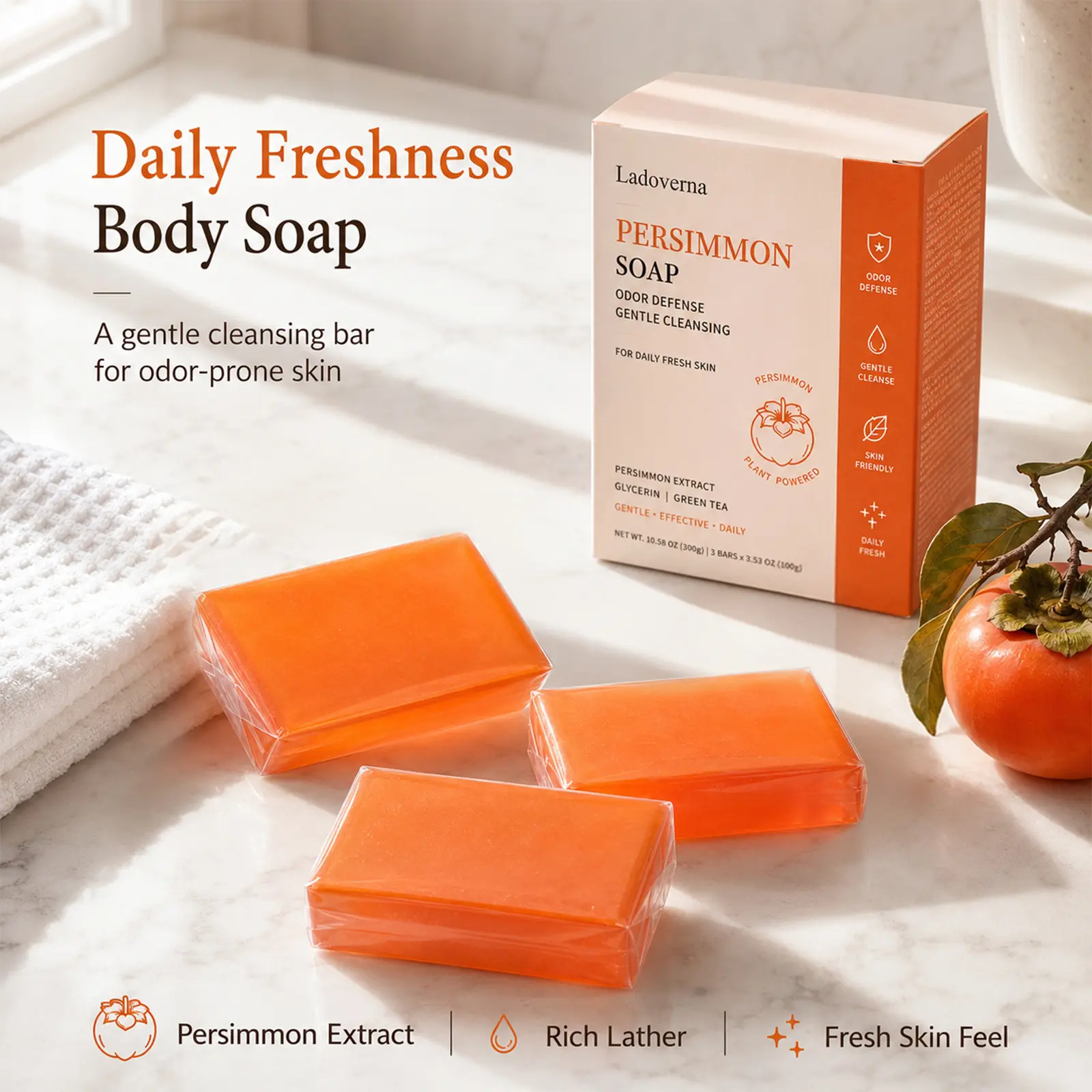 Ladoverna Persimmon Odor Defense Body Soap Bar, Natural Tannin Anti-Aging Body Odor Cleansing Soap for Sweat & Age-Related Odor, Gentle Plant Skin Friendly Bar Soap for Post Workout Hot Weather Daily Shower, 3 Bars Value Pack