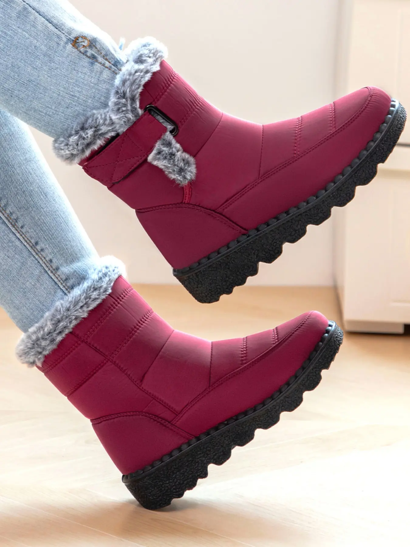 Women's Winter Boots, Warm Fleece Lined Mid-Calf Snow Boots, Stitched Leather Upper, Velcro Closure, Thick Sole Anti-Slip, Fall & Winter, Elegant Boots, Trudge Boots, Casual Warm Boots