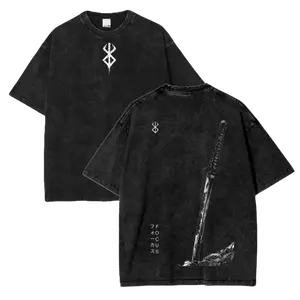 Men's Vintage Acid Wash Berserk Graphic Tee - Oversized Guts Anime Casual Short Sleeve Streetwear, Cozy Fit, Male Clothing, Vintage Graphic Tees, Versatile for Multiple Seasons, Clean Look