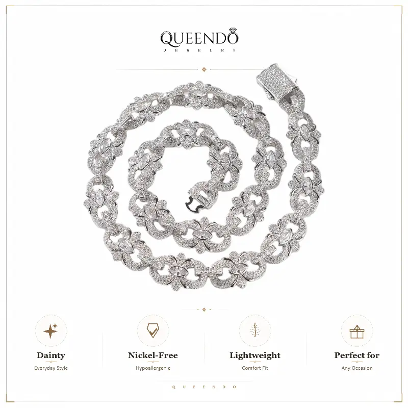 QUEENDO Unisex Marquise-Cut Center Stone Iced-Out Cuban Link Necklace - Copper Base, Fully Paved Floral Motif Links, 3 Color Options, Premium Polished Lustrous Finish, Bold Hip-Hop Statement Piece, Stackable Streetwear Accessory, Daily Wear Jewelry Gift
