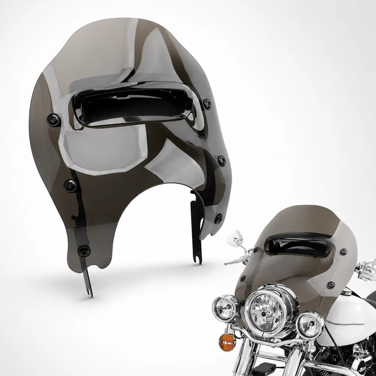 Smoked Ventilated Pre-Drilled Acrylic Windshield/Windscreen (approx. 23x19.7"), Chrome-Style Metal Mounting Hardware Included, Fit for Harley Road King FLHR, FLHRC, FLHRXS (1994-2025) Motorcycle Frames
