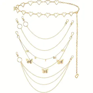 5pcs Chain Belt Jeans Pants, Chain Belt Jeans Pants Pocket Waist, Chain Goth Multi Layer Chains Heart Butterfly Lock Charm, Waist Chain Wallet Chain Pocket Chain for Women Men, Great for Birthday Gifts, Party (Golden), Jeans Accessory, Minimalist