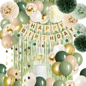 Sage Green and Olive Green Birthday Party Decorations-Nude Retro Gold Balloon, Banner, Paper Pom Poms and Greenery Neutral Rustic Décor Supplies for Baby Girls and Women