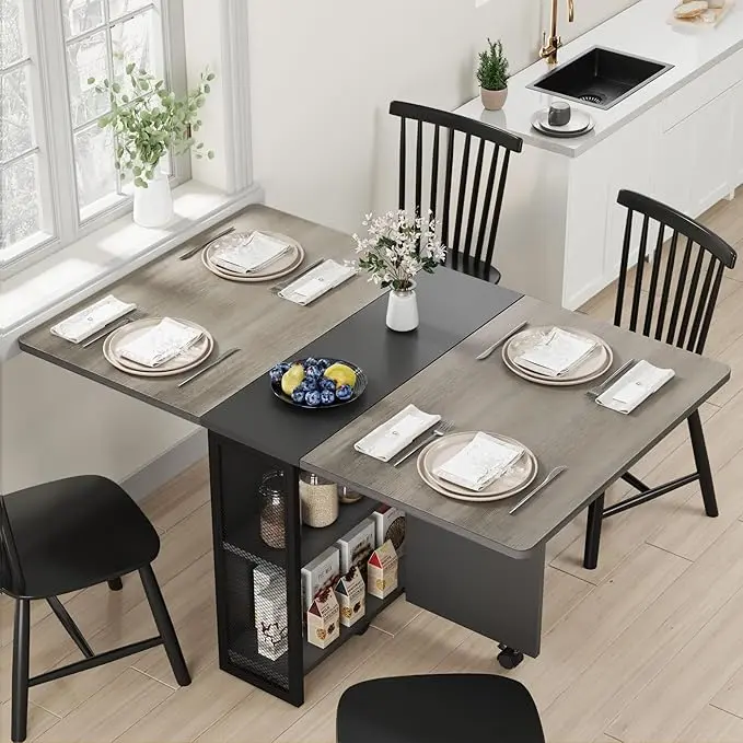 Space Saving Folding Dining Table with 2 Tier Storage-Extendable Drop Leaf Farmhouse Wood Kitchen Dining Room Tables Set for 4, Collapsible Expandable Rectangle Dinner Kitchen Office Furniture