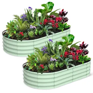 GAOMON 2-Packs-Oval Galvanized Raised Garden Beds, 6x3x1Ft Metal Planter Boxes with Open-Ended Base for for Gardening, Vegetables and Flowers, Olive Green
