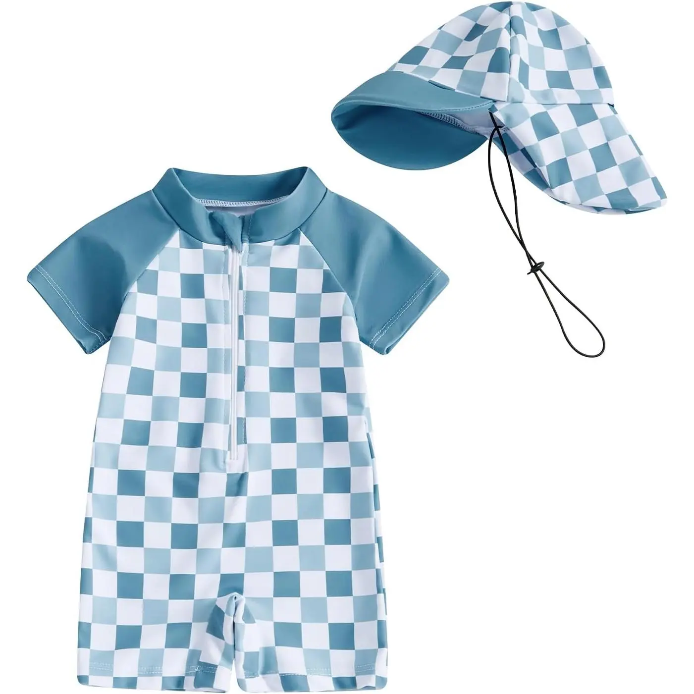 X-GCS13  Baby Boy Girl Swimsuit Toddler Checkered Print Half Zip One Piece Bathing Suit Swimsuit Rash Guard Surfing Suit Hat