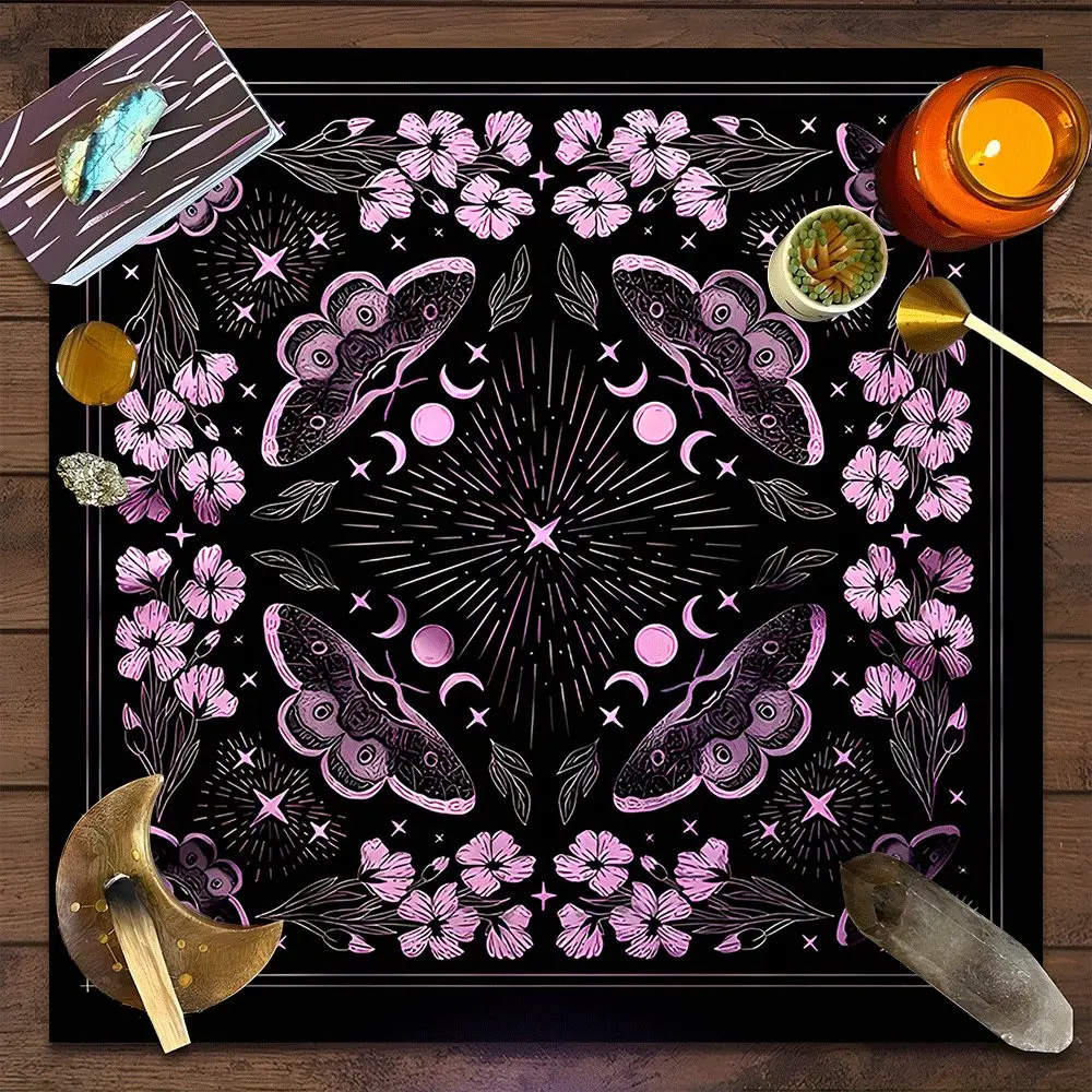 Pink Moth Floral Design Square Tarot Tablecloth, Witchcraft, Gothic Witch-style home decor Ceremonial Altar Cloth Multiple Sizes Polyester Fabric, Easy to Clean and Maintain Divination Cloth for Spreads & Rituals Gift for Crystal Enthusiasts