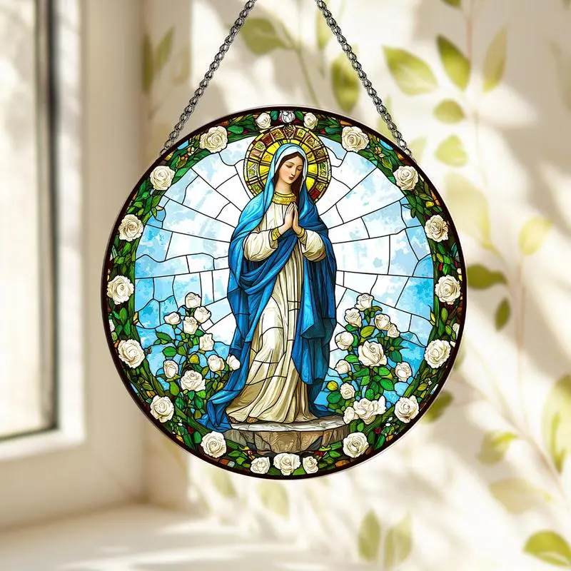 Round Virgin Mary Stained Glass Suncatcher with Roses - Catholic Religious Light-Up Christmas Wall & Window Hanging Decor, Chain-Included Spiritual Ornament, Decoration