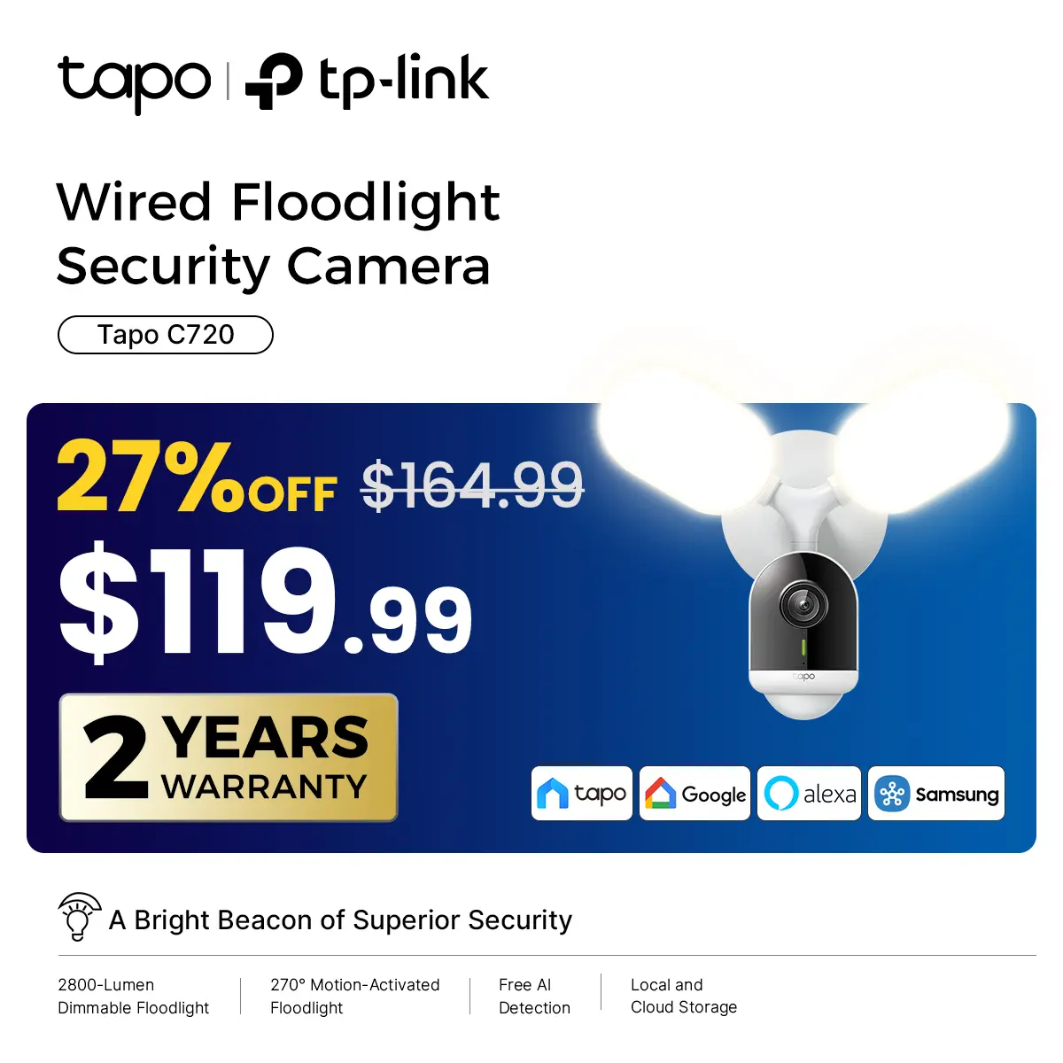 TP-Link & Tapo C720 | 2K QHD Floodlight Security Camera | 2800 Lumen 270° Motion-Activated Light | Free AI Person/Vehicle Detection | No Monthly Fees | Works with Alexa & Google Home
